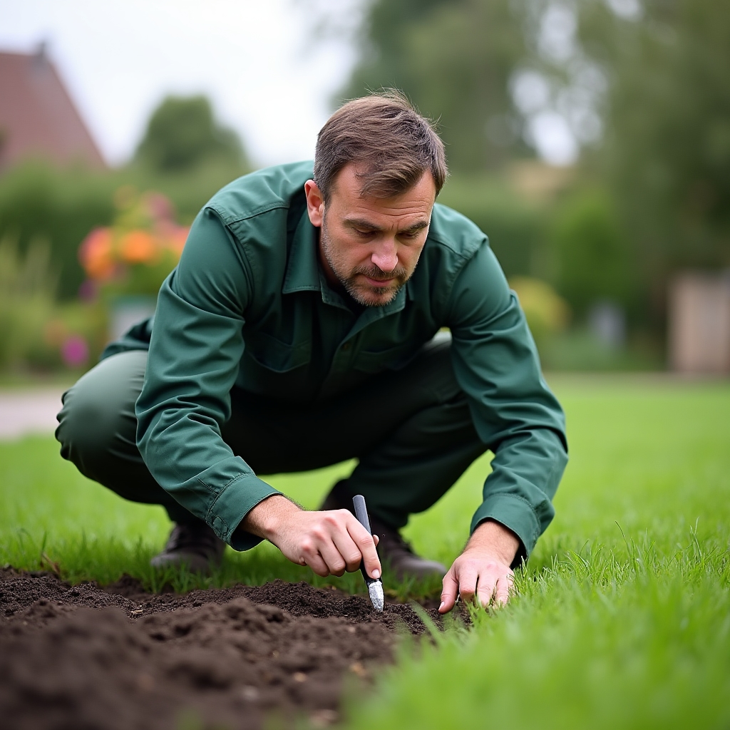 Grădinar profesionist inspectând vegetația la un complex rezidențial